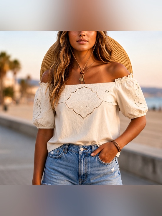Express Tops - EXPRESS Cream Off-Shoulder Eyelet Peasant Boho 100% Cotton Top NWTs